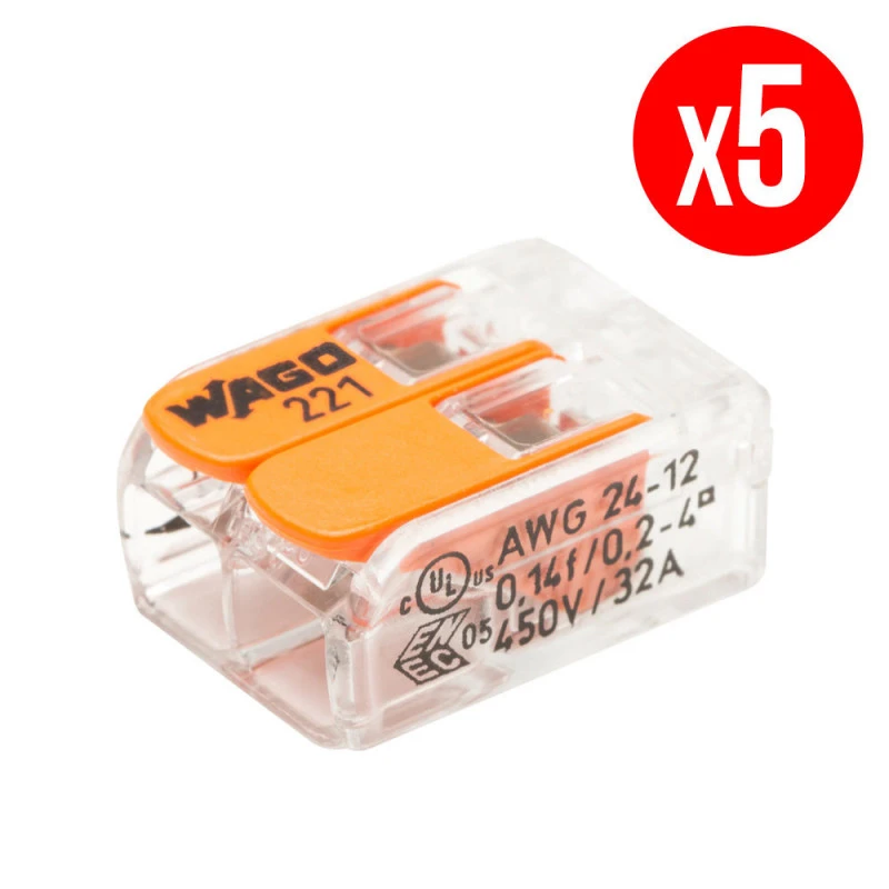 Pack De 5 Bornes De Connexion Rapide à Levier WAGO 2 Entrées Fil Souple Et Rigide - S221 3 Pack De 5 Bornes De Connexion Rapide à Levier WAGO 2 Entrées Fil Souple Et Rigide - S221
